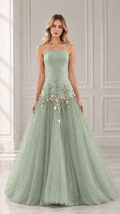 Front view of sage green strapless floral applique tulle ball gown