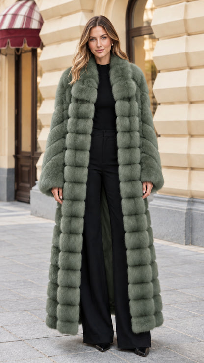 Full-length view of woman in sage green plush paneled faux fur coat