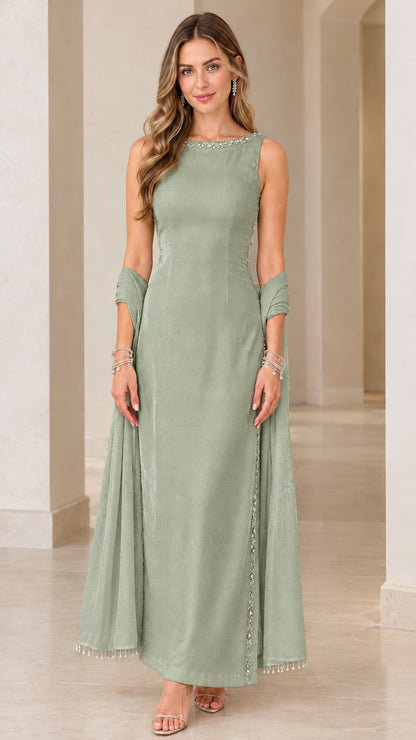 Sage green sleeveless column formal gown with crystal trim and matching wrap