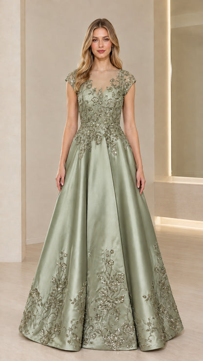 Sage Green cap sleeve embroidered satin evening gown