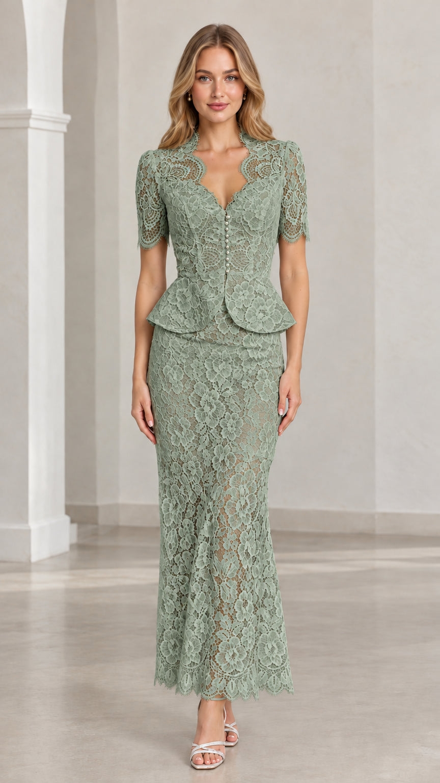 Front view of woman wearing sage green floral lace peplum maxi two-piece set