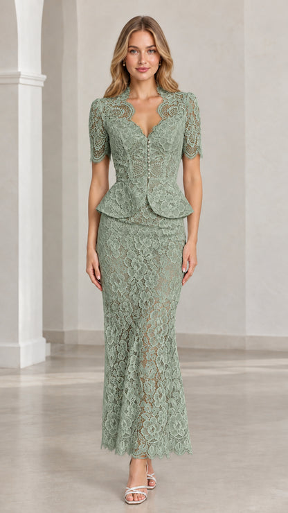 Front view of woman wearing sage green floral lace peplum maxi two-piece set