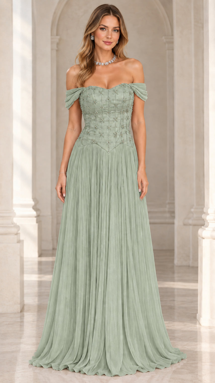 Sage green off-the-shoulder crystal-embellished maxi evening dress