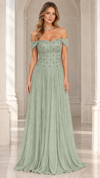 Sage green off-the-shoulder crystal-embellished maxi evening dress