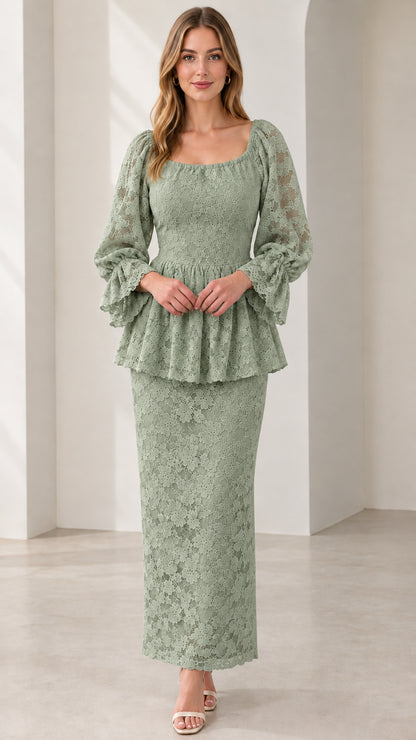 Sage Green Floral Lace Peplum Maxi Dress full-length front view