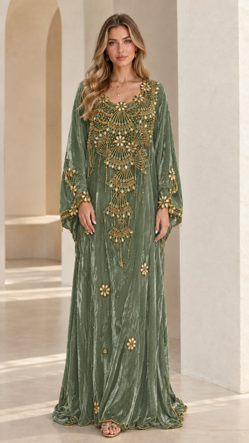 Front view of woman wearing Sage Green embellished velvet kaftan maxi dress
