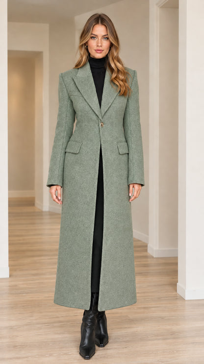 Model wearing sage green tailored maxi coat with single button closure