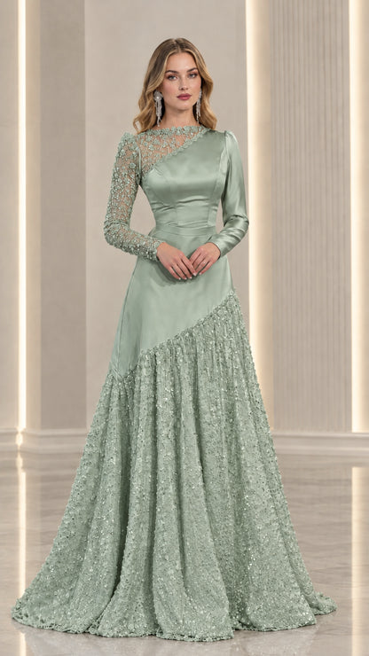 Sage green satin and textured lace floor length evening gown
