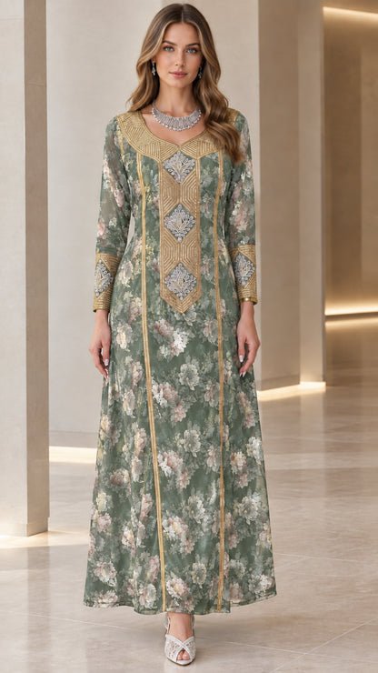 Front view of sage green floral long sleeve maxi dress with gold embroidery