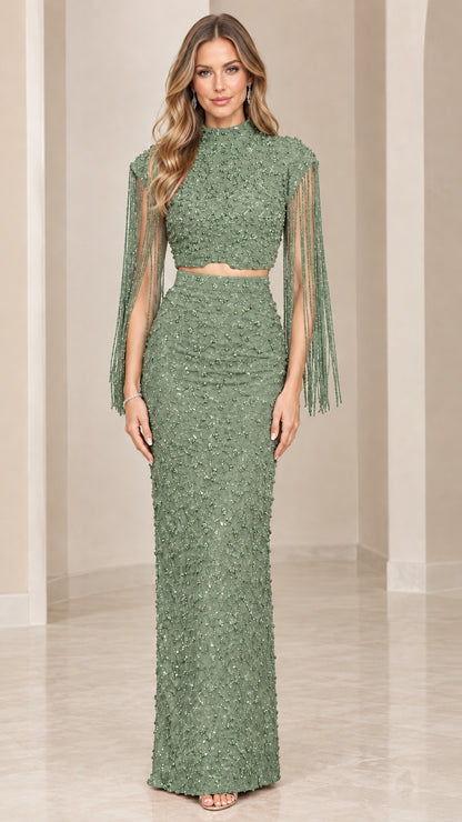 Front view of sage green beaded two-piece evening gown with cascading fringe