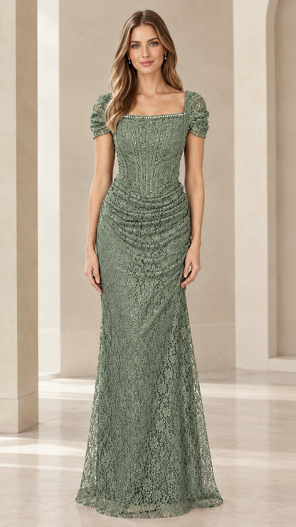 Sage Green floral lace evening gown with short puff sleeves