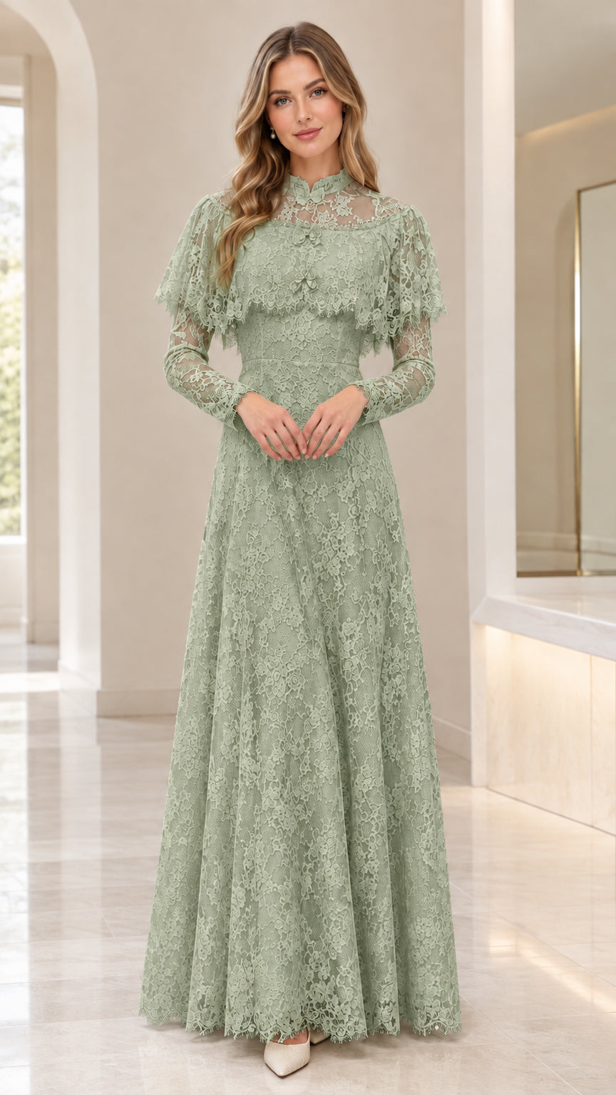 Front view of woman wearing sage green lace long sleeve maxi dress