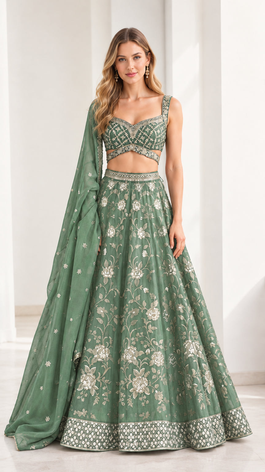 Sage green floral embroidered sleeveless lehenga choli set with dupatta