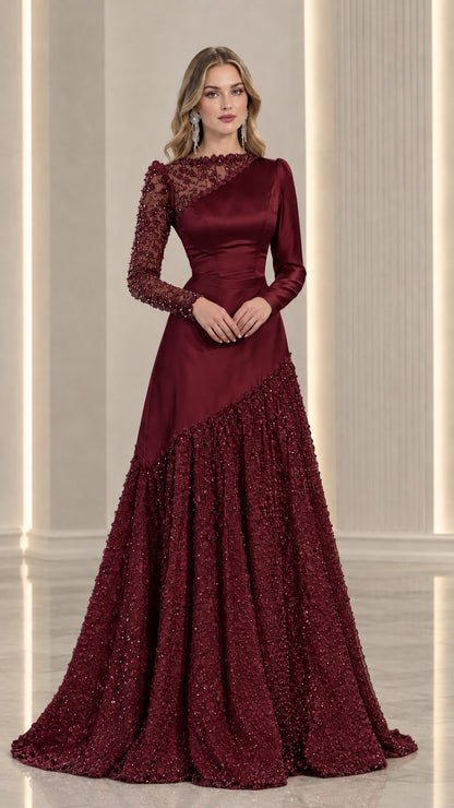 Burgundy wine red asymmetrical satin and lace evening dress