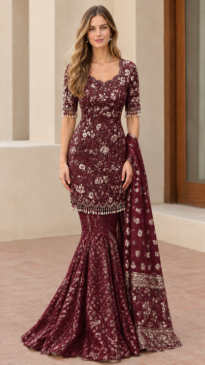 Front view of burgundy red embroidered lace mermaid maxi gown set with drape