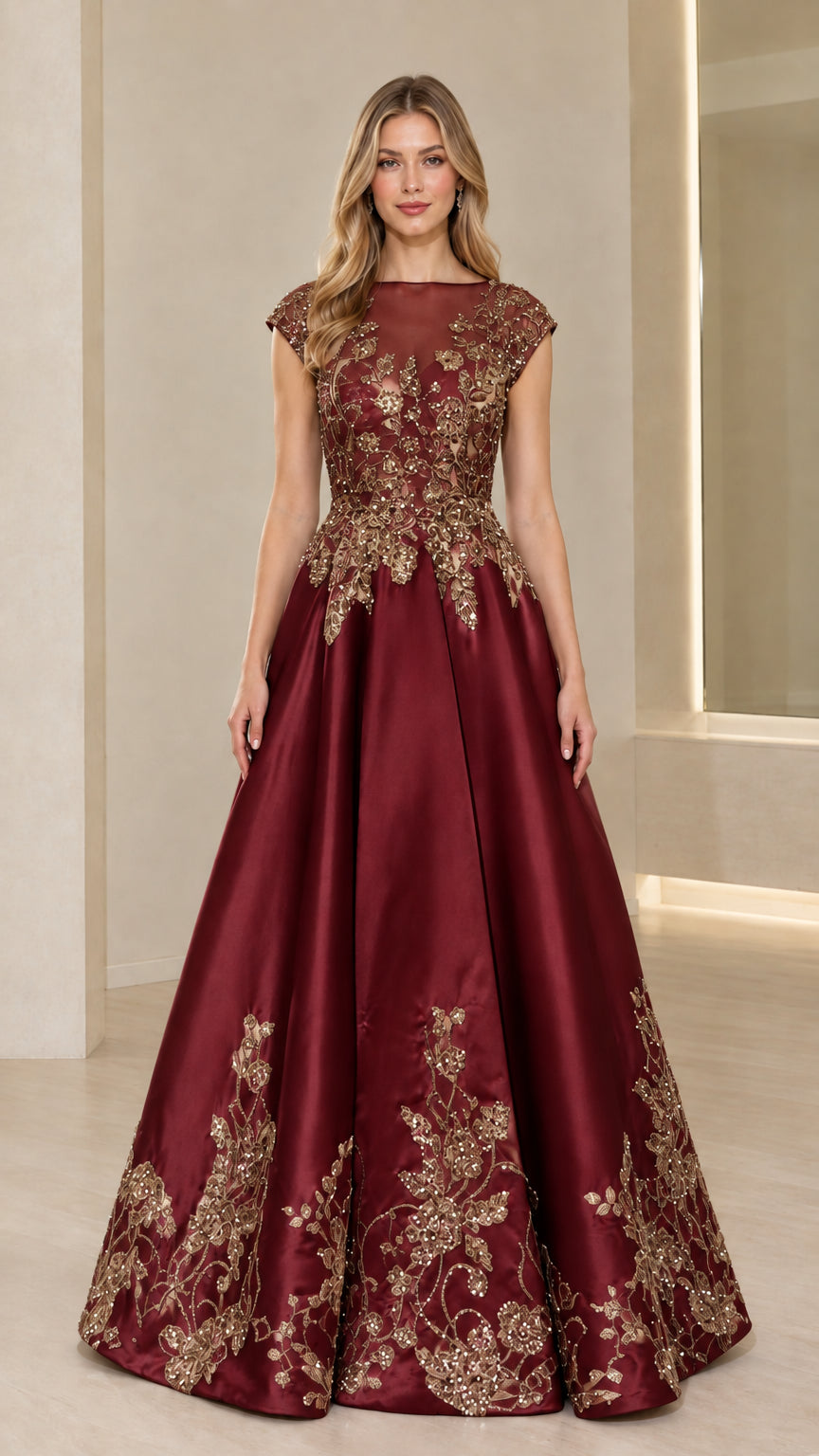 Burgundy red embroidered floor-length formal evening gown