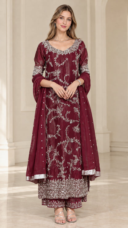 Wine Red embroidered tunic and palazzo trouser set with matching scarf