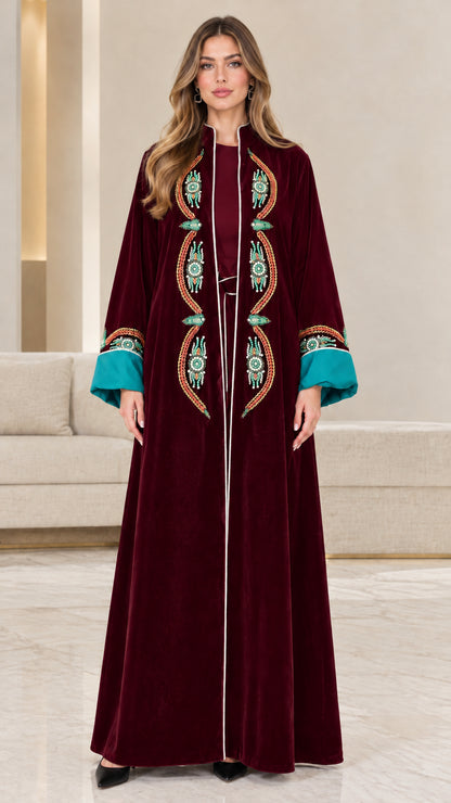Burgundy wine red velvet embroidered maxi abaya with turquoise cuffs