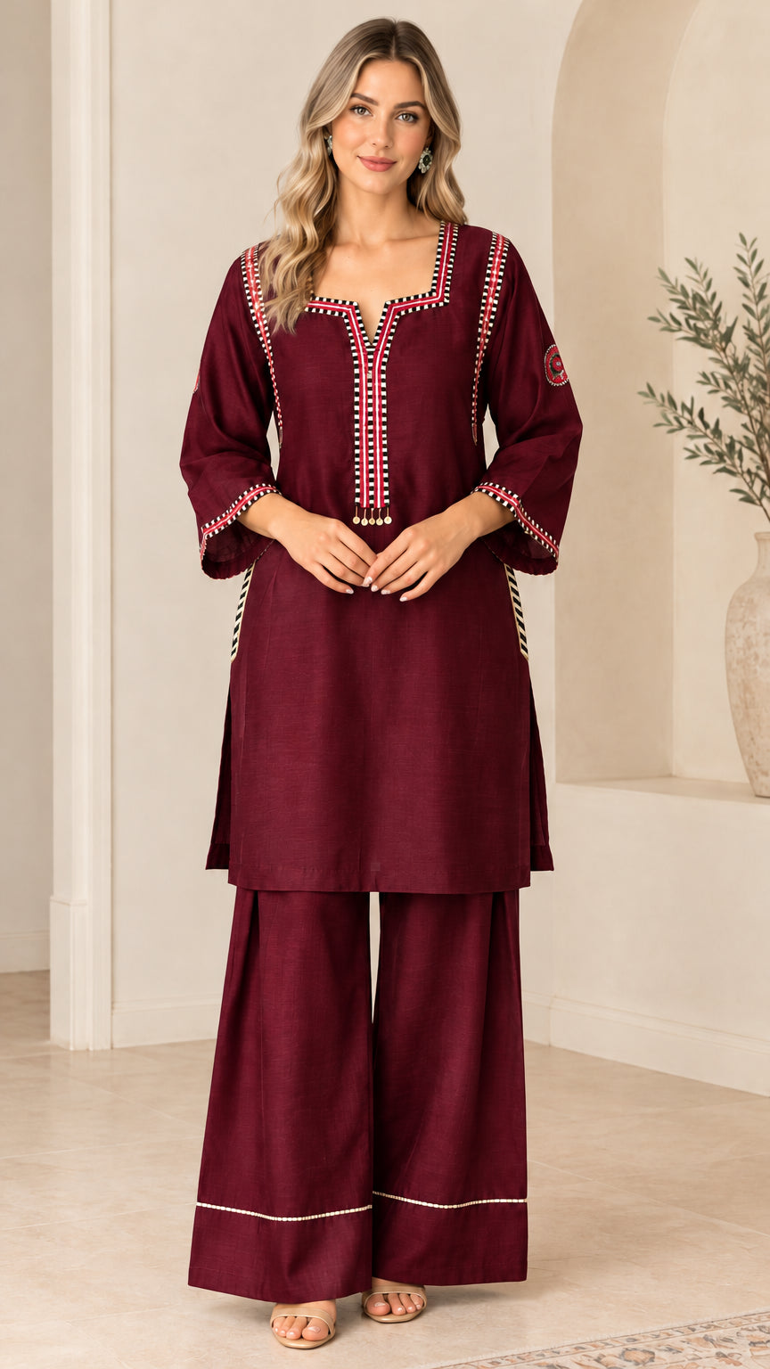 Model wearing Maroon embroidered notch neck tunic top and matching palazzo pants set