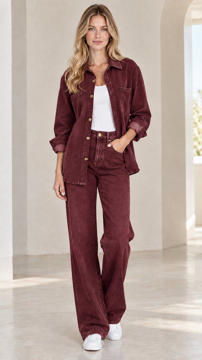 Model wearing rich burgundy washed two-piece casual matching outfit