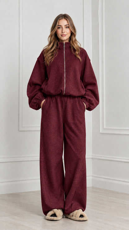 Women's burgundy wine red two-piece fleece tracksuit set