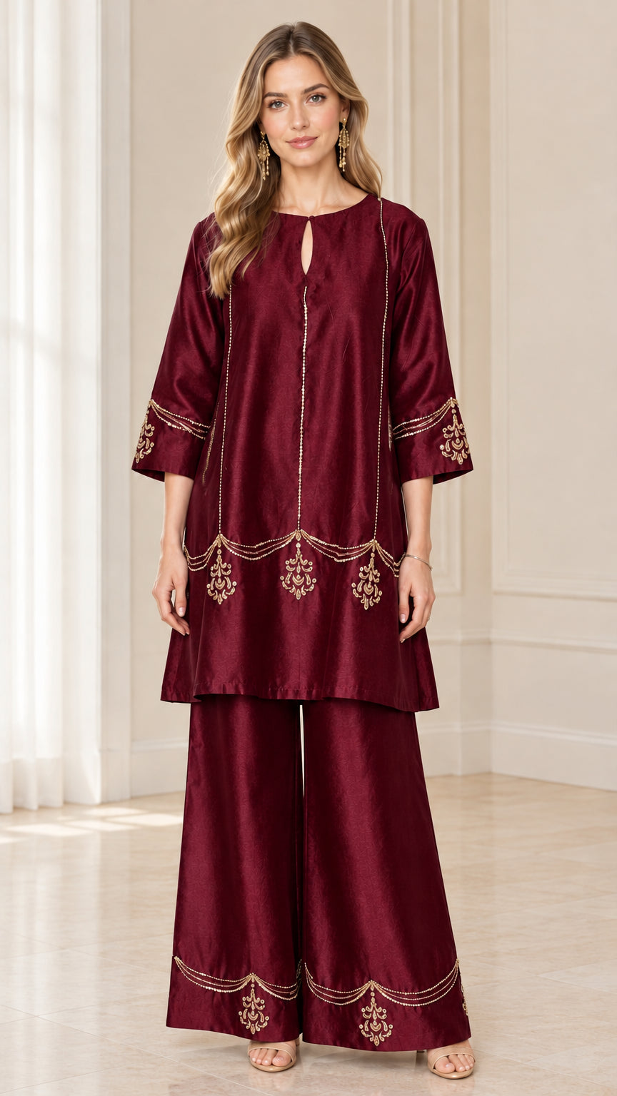 Model wearing burgundy embroidered two-piece tunic top and wide-leg pants set