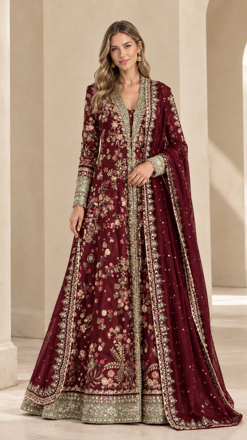 Front view of burgundy wine embroidered formal evening gown with dupatta