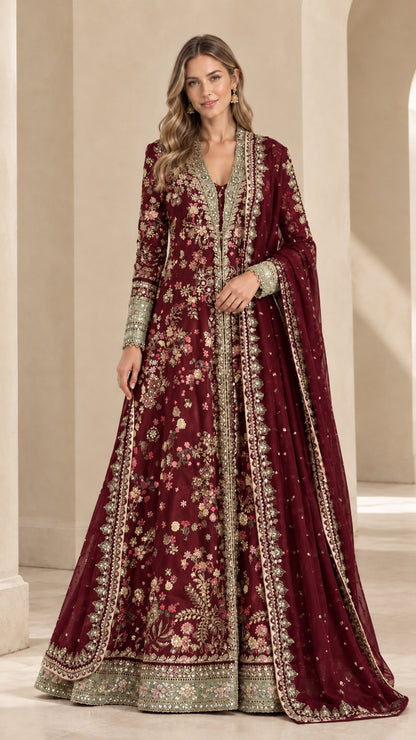 Front view of burgundy wine embroidered formal evening gown with dupatta
