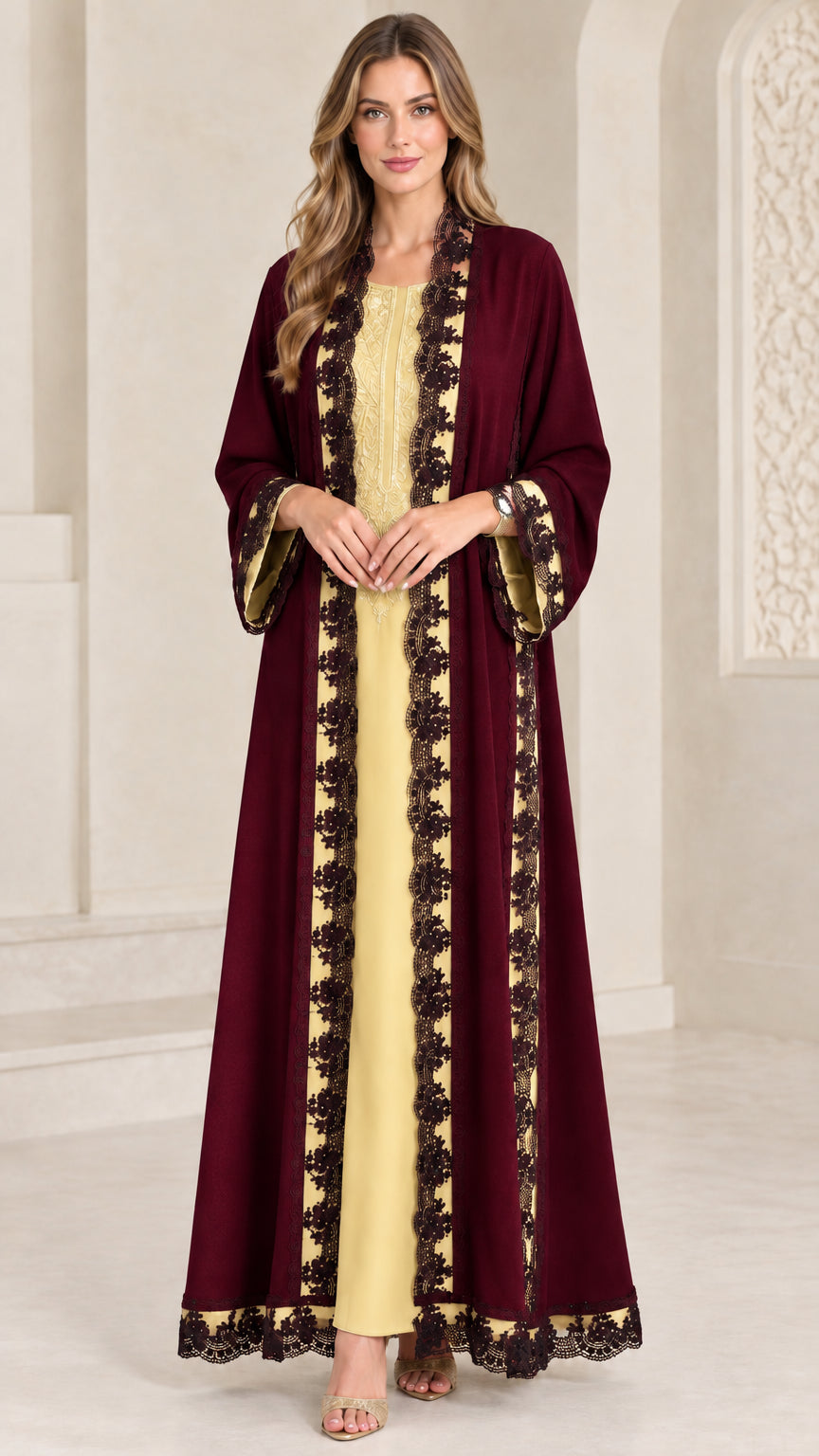Burgundy wine open-front abaya dress set layered over yellow inner dress