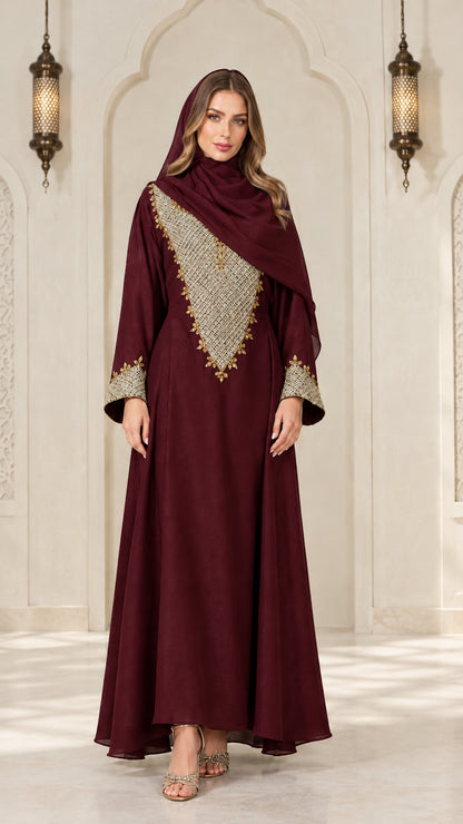 Burgundy wine red embroidered abaya dress with matching headscarf