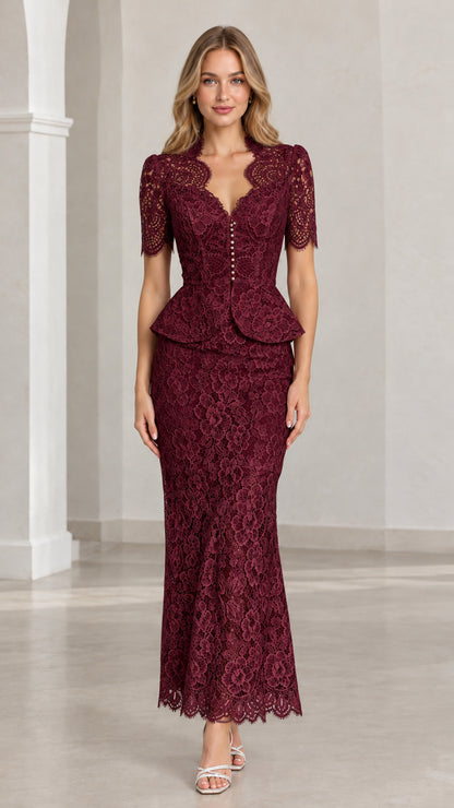 Front view of woman wearing burgundy floral lace peplum maxi two-piece set
