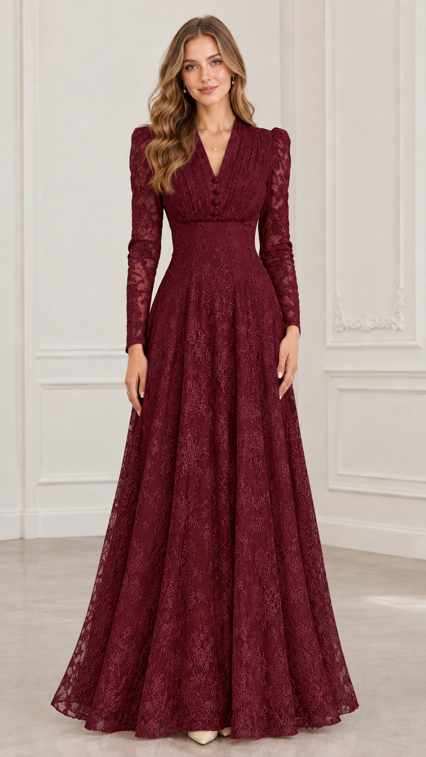 Front view of long sleeve burgundy wine red lace evening gown with pleated bodice