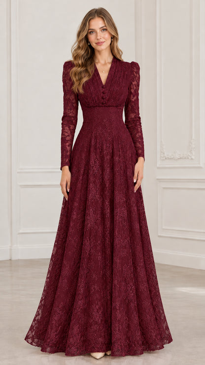 Front view of long sleeve burgundy wine red lace evening gown with pleated bodice