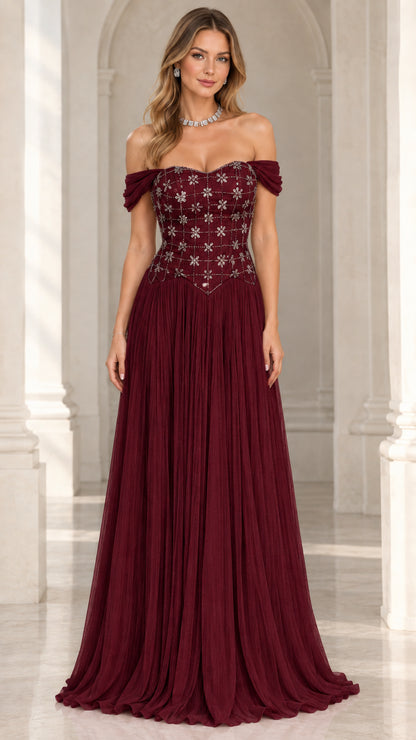 Burgundy wine red off-the-shoulder beaded pleated evening gown