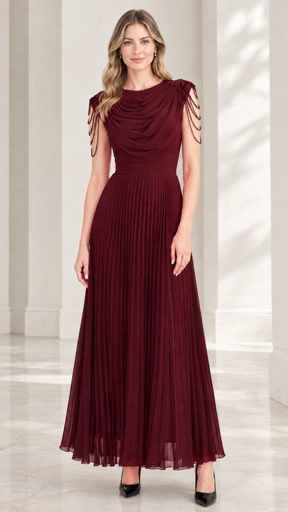 Model wearing burgundy wine red pleated cowl neck evening dress