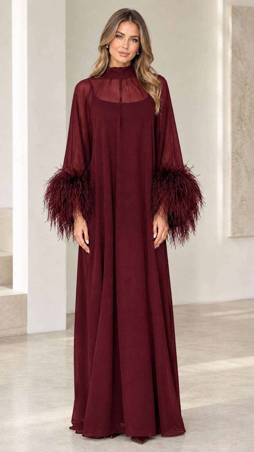 Burgundy wine red formal maxi dress with feather trimmed sleeves