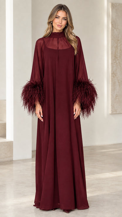 Burgundy wine red formal maxi dress with feather trimmed sleeves