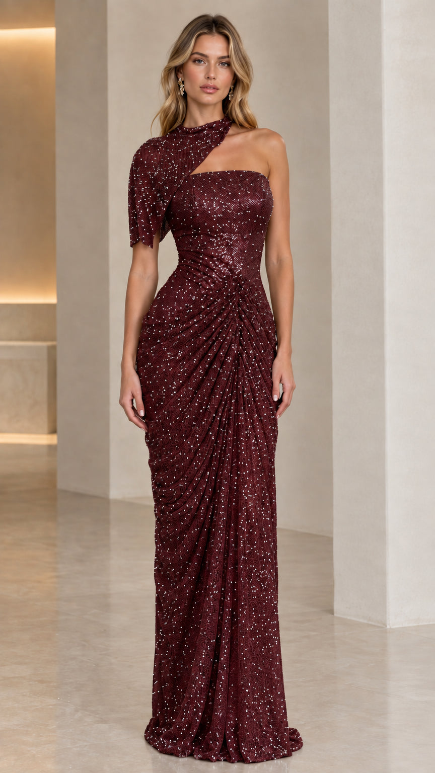 Burgundy wine asymmetric ruched sequin formal evening dress
