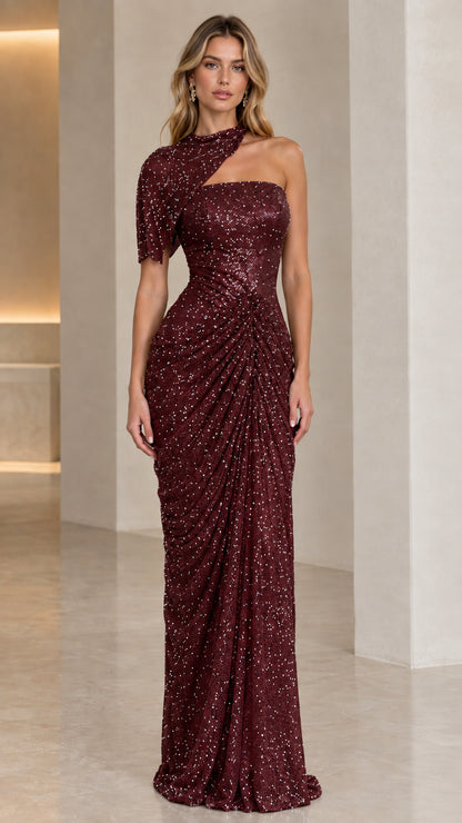 Burgundy wine asymmetric ruched sequin formal evening dress