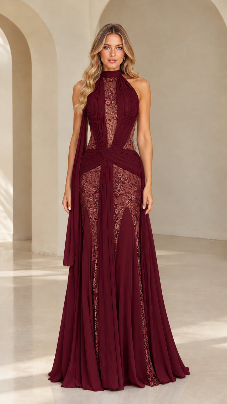 Full-length view of burgundy red halter lace pleated evening gown