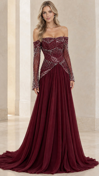 Front view of off-the-shoulder long sleeve beaded evening gown in burgundy