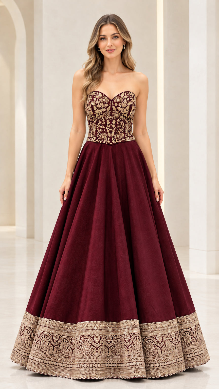 Burgundy red strapless embroidered ball gown for formal galas