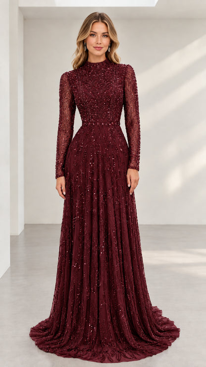 Front view of burgundy wine red beaded high neck evening gown