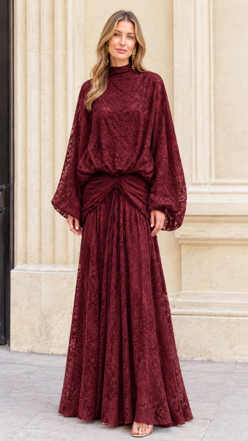 Model wearing rich Burgundy high neck lace maxi dress with bishop sleeves