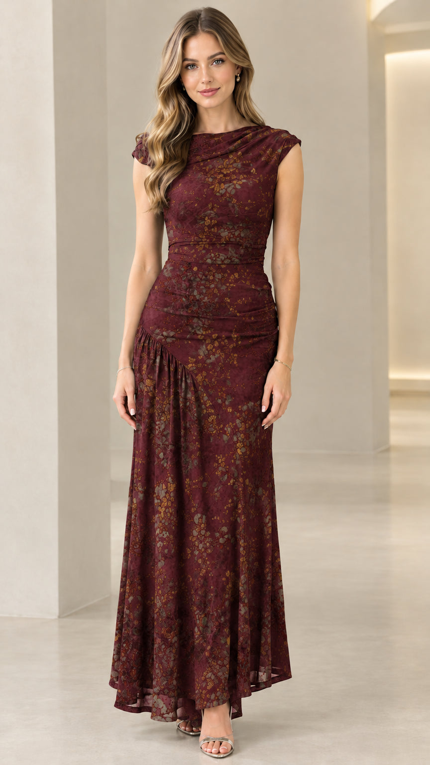 Front view of burgundy vintage floral draped maxi dress
