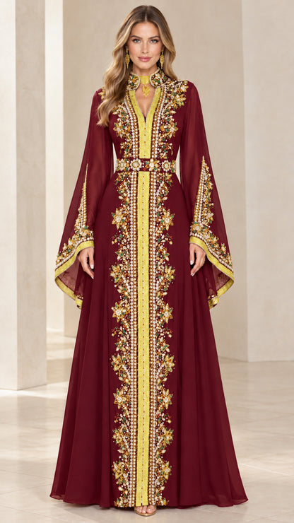 Burgundy wine red embroidered bell sleeve caftan maxi evening dress