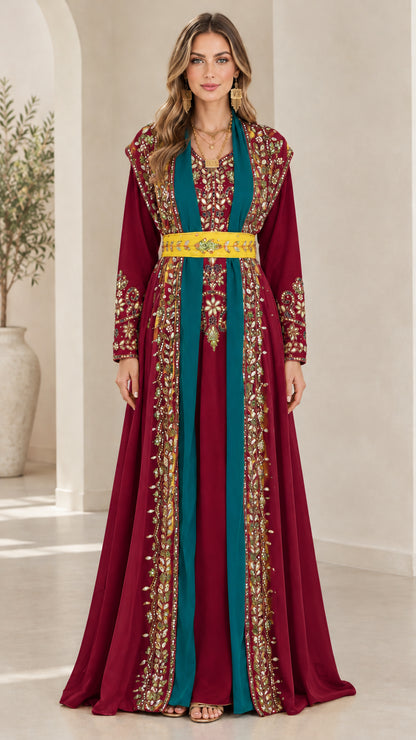 Full-length front view of burgundy Moroccan caftan maxi dress with yellow belt and teal accents