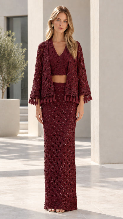 Full front view of Burgundy sequin embroidered 3-piece maxi skirt set with tassel cardigan