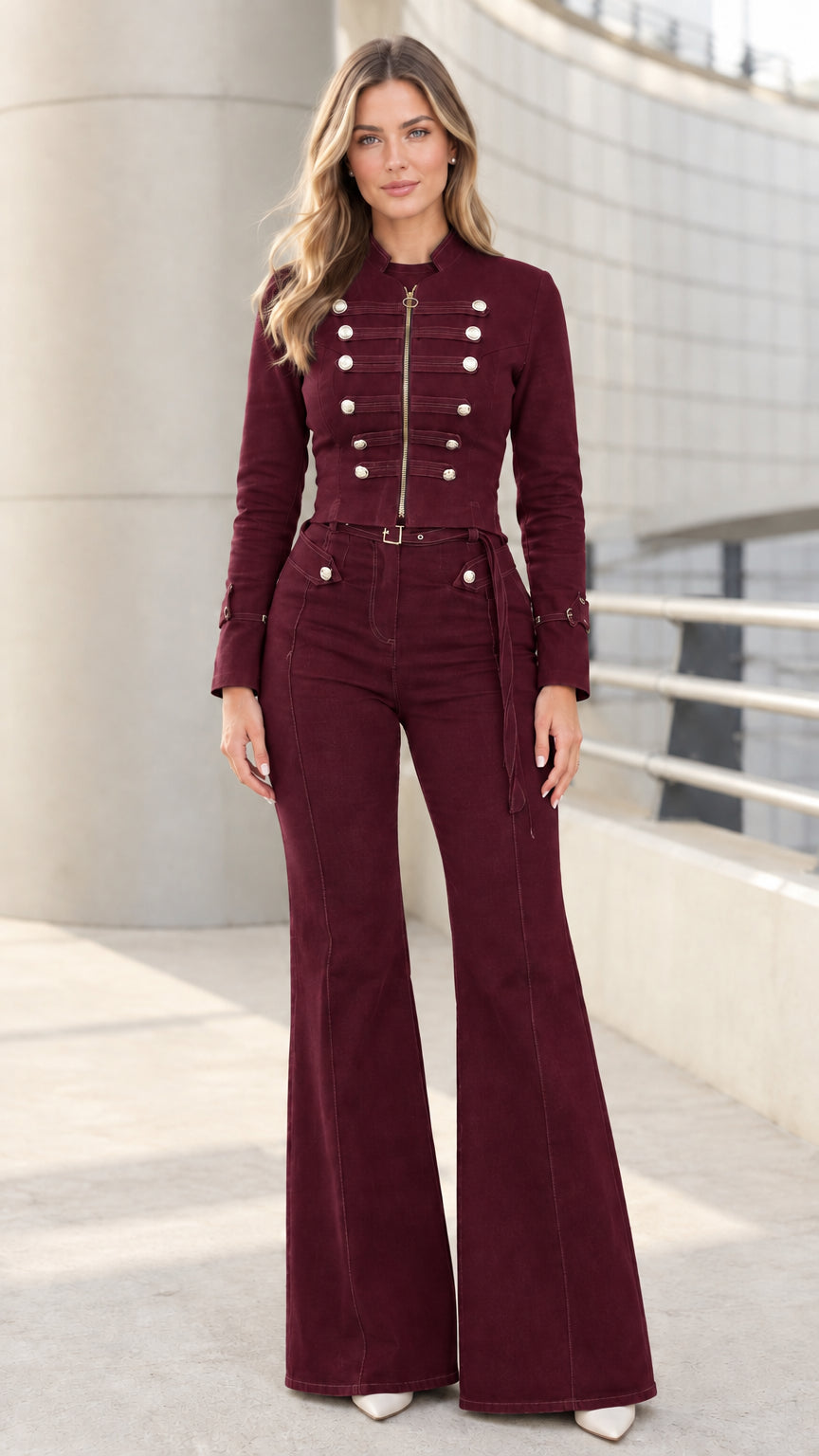 Women's military style cropped jacket and high waist flare pants set in Burgundy