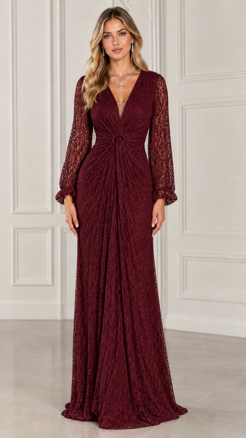Full-length view of model in Burgundy wine red lace formal gown